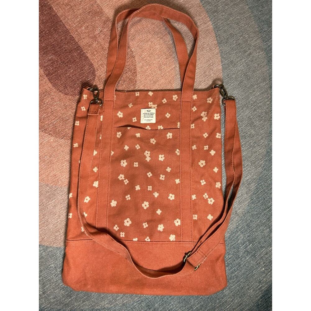 Typo Floral Canvas Tote Bag with Adjustable Strap Rust Orange